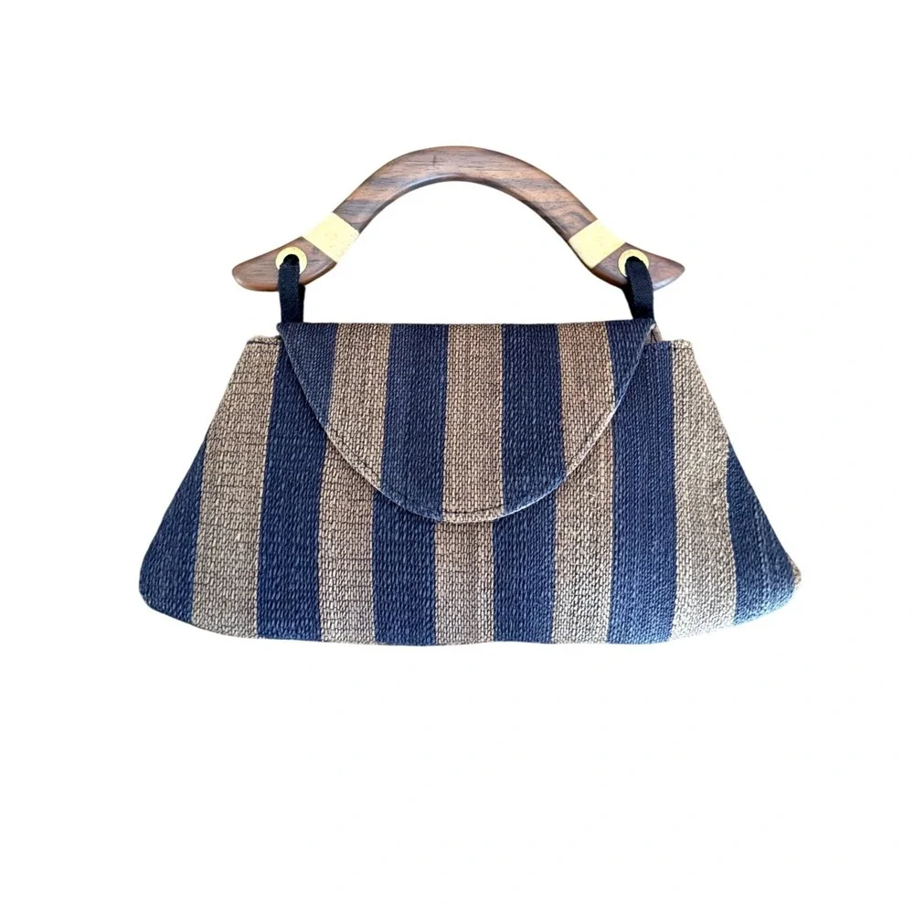 Woven Straw Striped Handbag Black Brown Wood Top Handle Bag purse vintage style